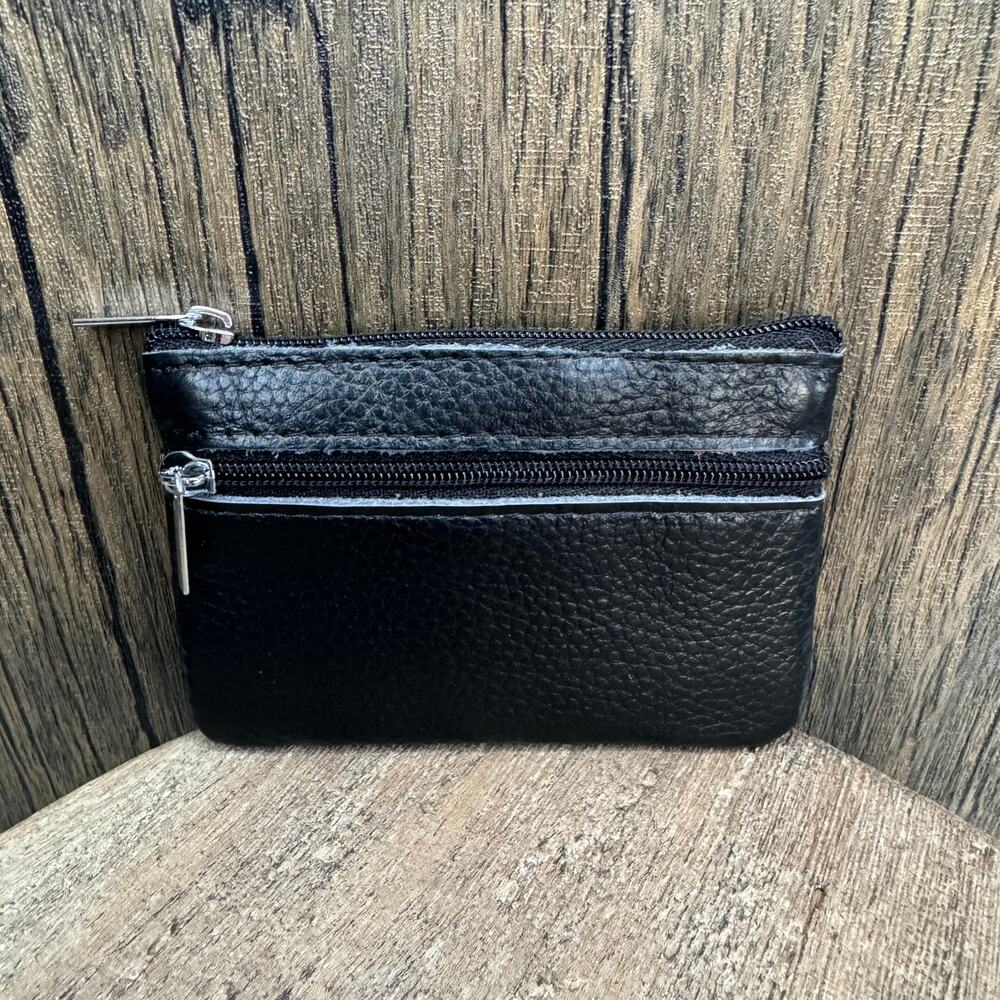 Coin Purse Wallet Genuine Leather Black Wallet Double Zip Pouch NEW FAST SHIP